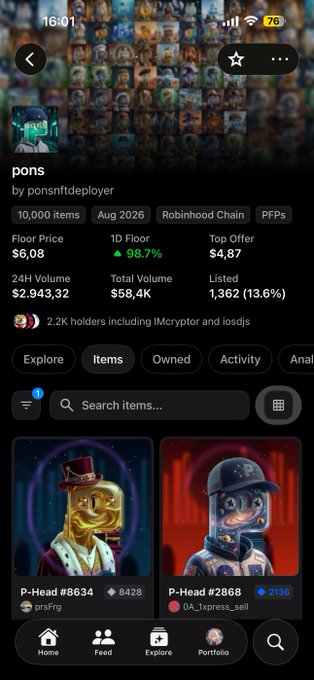 A mobile app interface showing an NFT profile for "pons by ponsnftdeployer" with collection stats (10,000 items, Floor Price $6.08, 24H Volume $2,943.32) and two visible P-Head profile pictures.
