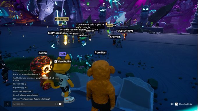 A screenshot from a 3D multiplayer online game showing various avatars in a neon-lit, rocky environment, with usernames like 'Dinopawnd', 'Kraifred', 'Zesha', 'GMA', and 'PoorMan' floating above characters, and a chat box displaying messages about safe rooms.
