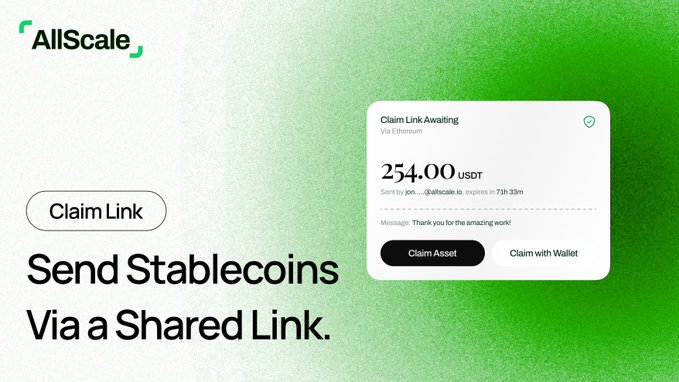 An advertisement for AllScale, a service that allows users to 'Send Stablecoins Via a Shared Link,' showing a claim link of 254.00 USDT via Ethereum.