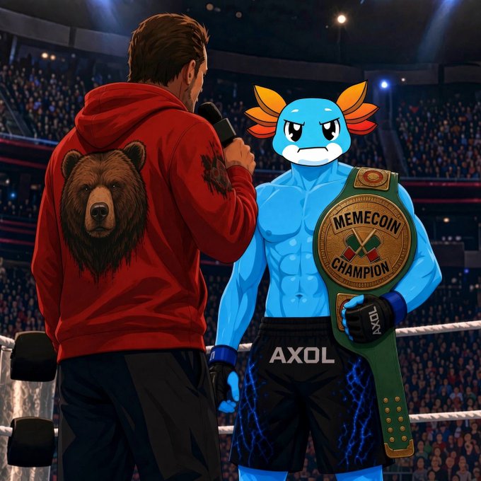 An illustration of an MMA-style face-off in a boxing ring where a man in a red bear hoodie holds a microphone up to a blue axolotl character wearing 'AXOL' shorts and a 'MEMECOIN CHAMPION' belt.