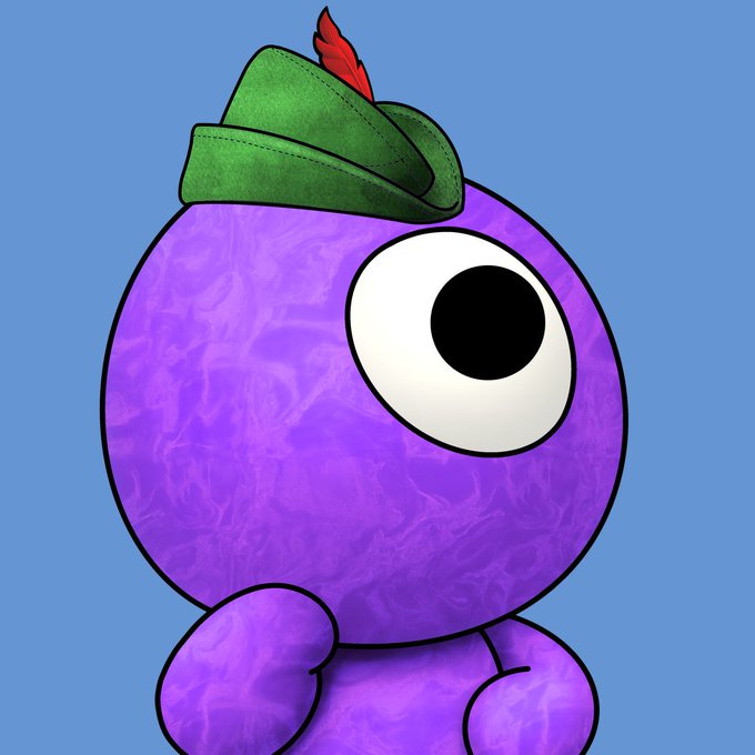 A cartoon-style illustration depicts a purple, marble-finished creature with a single white eye containing a black dot pupil, wearing a green Robinhood hat with a red feather, set against a solid light blue background, matching the described "Quantum #3269" NFT.
