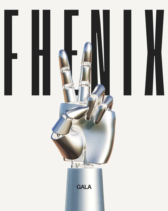 A chrome robotic hand displays a peace sign in front of the bold "FHENIX" logo, with "GALA" visible on its base, symbolizing Fhenix's partnership with Gala and its focus on encrypted, privacy-preserving technology. The image visually reinforces the post's theme of secure, confidential smart contract data processing.