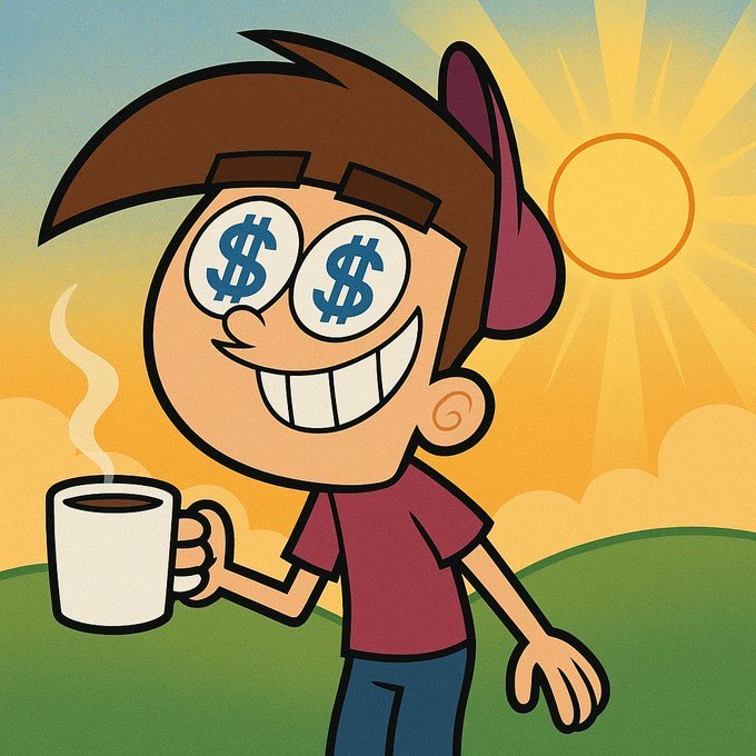 A cartoon illustration of a character with dollar signs ($) in his eyes holding a mug of steaming coffee, grinning widely against a sunny background.
