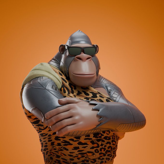 A 3D-rendered anthropomorphic gorilla wearing dark sunglasses, a leopard-print outfit, and metallic armor-like elements, posing with arms crossed against an orange background.