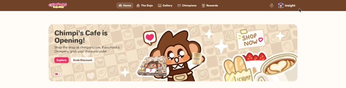 The image features a website called "Chimp's Cafe" that has just opened its doors, as indicated by the banner at the top of the page. The website also includes a section for the DojoClub collector hub where users can find information about the shop and access exclusive discounts if they own a Chimp trainer.