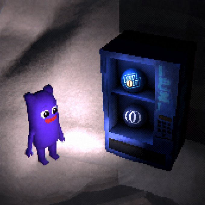 A 3D-rendered scene featuring a small purple cartoon character standing next to a dark blue vending machine displaying 'LOAD OUT' and a circular '00' button.
