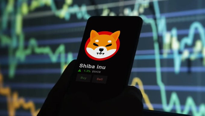 A smartphone displaying the Shiba Inu ($SHIB) token logo and a 1.3% gain, held up against a backdrop of stock chart graphs.