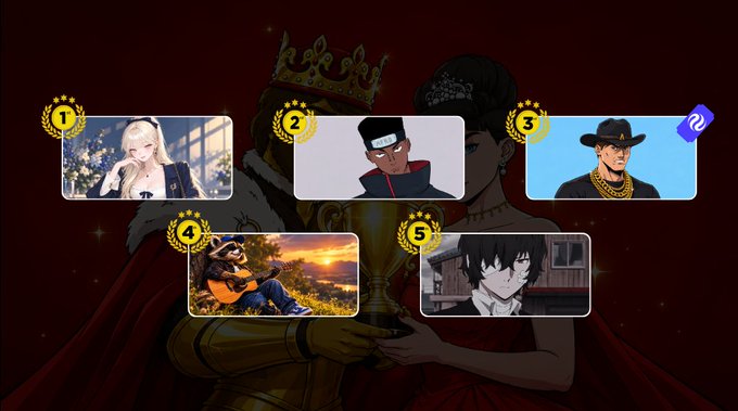 A ranking graphic featuring five numbered anime characters, including Inosuke from Demon Slayer, Naruto, and Levi Ackerman, with a crown-adorned character in the background.