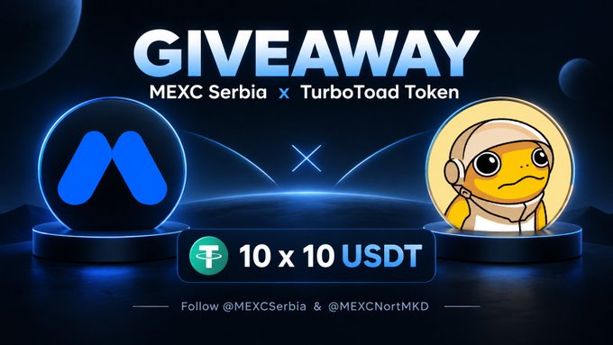 A promotional giveaway graphic for MEXC Serbia x TurboToad Token offering 10 x 10 USDT, with instructions to follow @MEXCSerbia & @MEXCNortMKD.