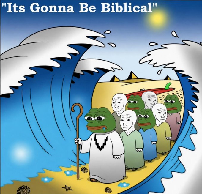 A cartoon illustration of Moses parting the Red Sea, but with Pepe the Frog faces and sad wojak faces replacing the Israelites, captioned "It's Gonna Be Biblical," humorously promoting the PepeCoin ($pepecoineth) token by suggesting a dramatic, divine rally is on the horizon.