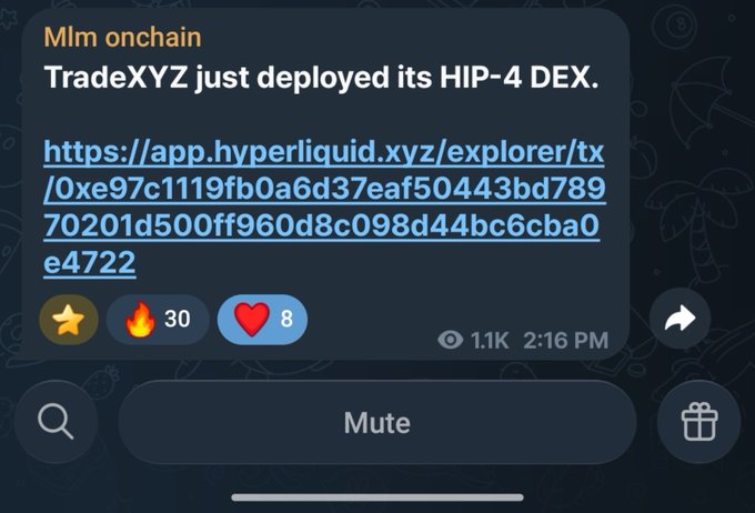 A Telegram message notification from 'Mlm onchain' announcing that TradeXYZ just deployed its HIP-4 DEX, including a Hyperliquid transaction link with 30 fire and 8 heart reactions.