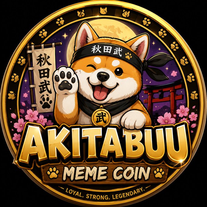 A circular gold-framed logo featuring a cartoon Shiba Inu dog (Akita) wearing a black ninja headband, with the text "AKITABUU MEME COIN," "LOYAL. STRONG. LEGENDARY." and Japanese characters "秋田武" (Akita-Bu) displayed against a backdrop of a full moon, torii gate, and cherry blossoms—promoting the Akitabuu meme coin on pump.fun via the link "join.pump.fun/HSag/5tvs7oxu."