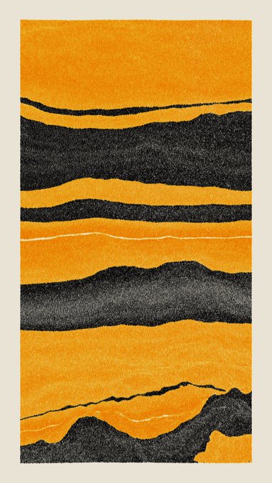 A textured rug or abstract artwork featuring horizontal, wavy bands of bright orange and dark gray with white accent lines.