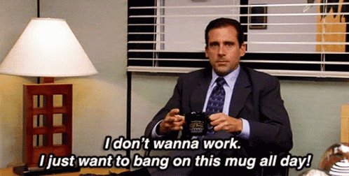 The image features a man sitting at his desk, holding a coffee cup with both hands while wearing a suit and tie. The text "I don't want to work. I just want to bang on this mug all day!" is written above him in black letters. This statement seems to be related to the post about Usdc land being its own kind of leaderboard.