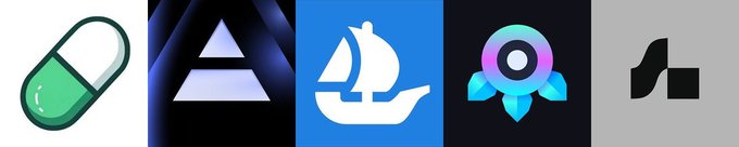 A horizontal row of five app/brand icons including a green and white pill, a stacked triangle logo, a hand holding a sailboat, a colorful rocket emblem, and a black abstract shape.