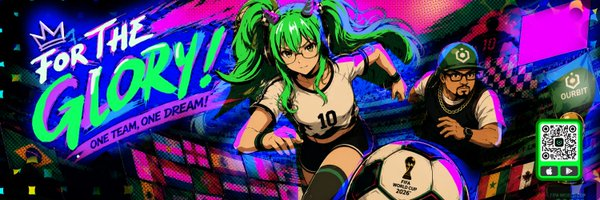 A colorful promotional graphic features an anime girl in a soccer jersey with 'FOR THE GLORY!' and 'ONE TEAM, ONE DREAM!' text alongside a QR code.