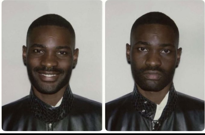 A side-by-side photo of a man smiling on the left and with a serious expression on the right, wearing a black jacket over a checkered shirt.