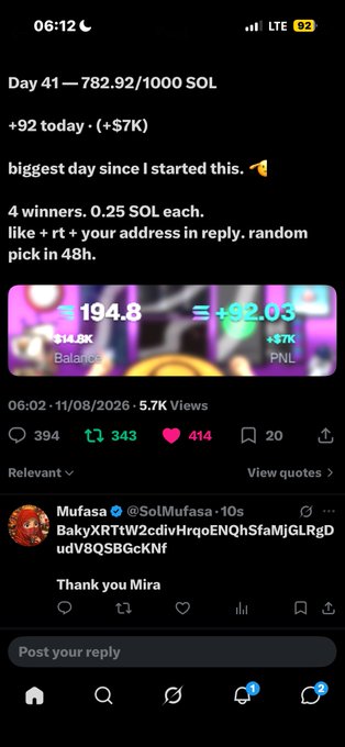 A screenshot of a social media post showing crypto trading results, reading 'Day 41 — 782.92/1000 SOL', '+92 today. (+$7K)', and a balance update of '194.8', with a reply mentioning 'SolMufasa' and 'Thank you Mira'.