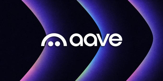 The image displays the Aave logo—featuring a stylized ghost-like icon with two dots and an arch—alongside the wordmark "aave" in white, set against a dark background with vibrant purple and blue gradient waves. This branding corresponds to the protocol mentioned in the post, which is reportedly shutting down 50 underutilized liquidity pools across multiple blockchains.
