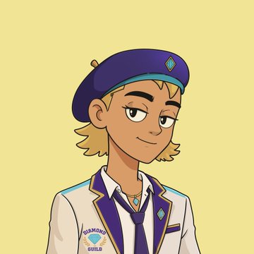 An animated character with blonde hair, a blue beret, and a white jacket featuring a "Diamond Guild" logo on a yellow background.