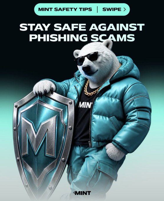 A promotional graphic titled 'MINT SAFETY TIPS' with the message 'STAY SAFE AGAINST PHISHING SCAMS,' featuring an anthropomorphic polar bear wearing sunglasses, a gold chain, and a teal puffer jacket, holding a shield with the 'M' logo.