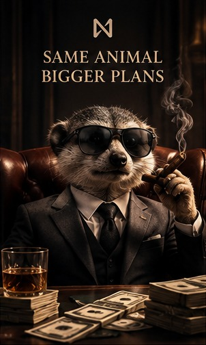 A digital poster titled "SAME ANIMAL BIGGER PLANS" features an anthropomorphic meerkat wearing sunglasses and a suit, smoking a cigar at a desk covered in stacks of money.