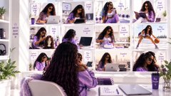 A woman with long dark hair sits in a gray office chair facing a wall of multiple computer monitors, each displaying her own video feed, suggesting a video production or livestream setup.