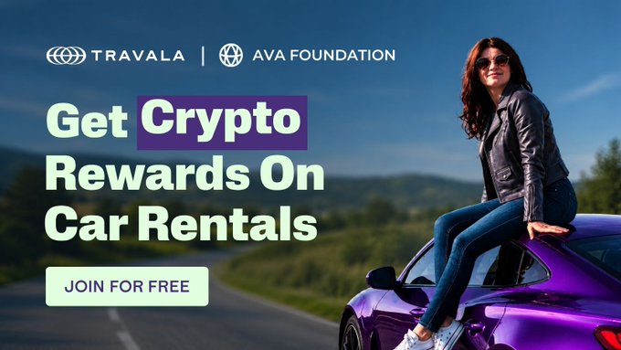 The image features a woman sitting on top of a purple sports car, with text that reads "Get Crypto rewards on car rentals" and "join for free". The background shows a road or highway setting, suggesting an advertisement for a car rental service.