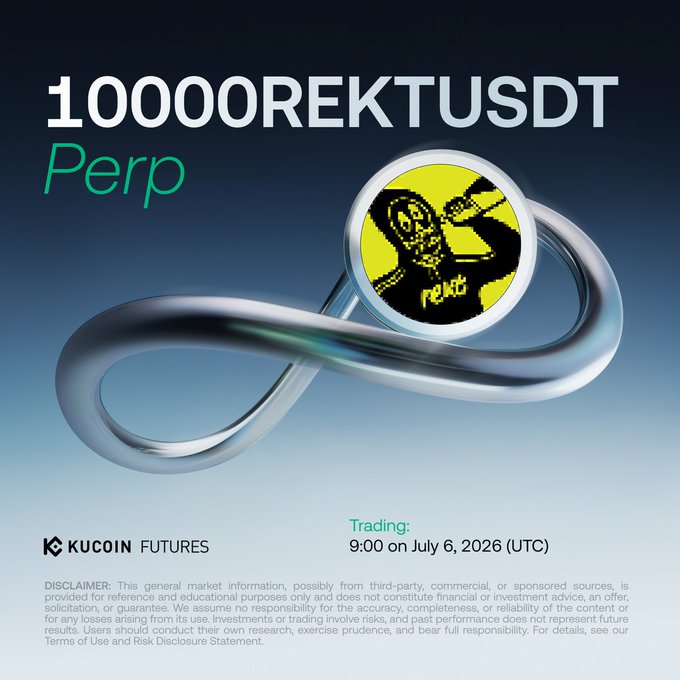 A KuCoin Futures promotional poster for the '10000REKTUSDT Perp' trading pair, featuring a metallic infinity symbol with a pixelated skull character, with trading scheduled for 9:00 on July 6, 2026 (UTC).