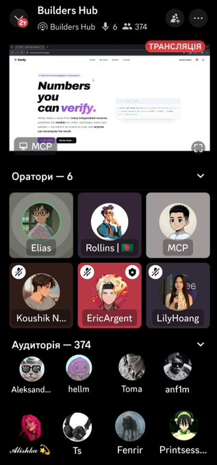 A screenshot of a Telegram voice chat interface titled "Builders Hub" with operators including Elias, Rollins, MCP, Koushik N., EricArgent, and LilyHoang, and an auditorium section with 374 attendees.