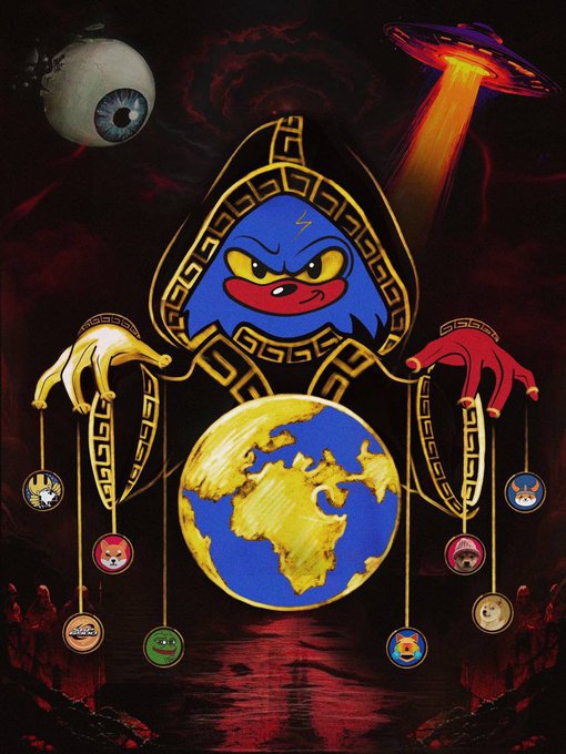 A dark, surreal illustration of a hooded, multi-armed figure manipulating a glowing Earth with puppet strings, set against a cosmic backdrop featuring a floating eyeball and a UFO abduction beam, with small character faces dangling from the strings.