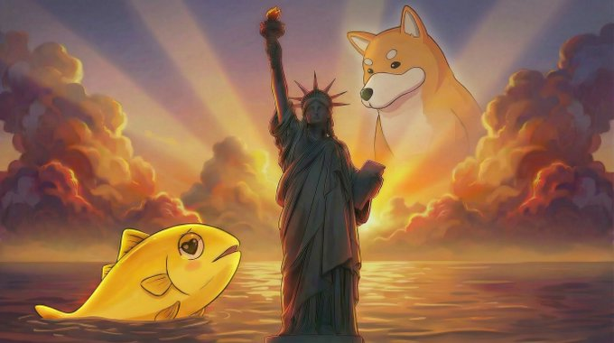 The image features a cartoon fish with a yellow body, standing next to a statue of the Statue of Liberty. The fish has its mouth open wide as if it's blowing out candles or making a wish. The Statue of Liberty is located on the right side of the image and stands tall against the sky. The background consists of clouds and the sun shining brightly in the sky.

The post includes text that reads "Meme, AI, Bitcoin, fiat currency, fiat money, fiat money, fiat money". This suggests that the image might be related to a meme or social media post about the value of money or the concept of fiat currency.