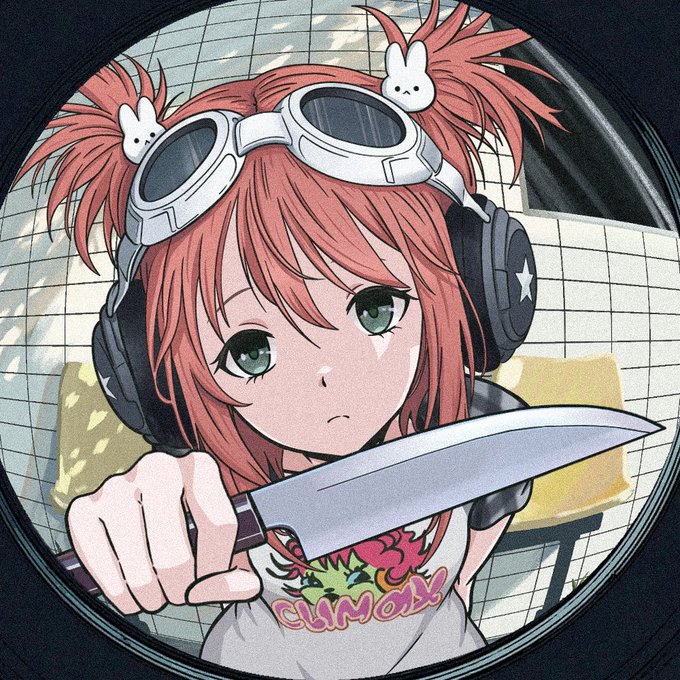 The image features a cartoon girl with red hair wearing headphones and holding a knife, which she appears to be using as a weapon. The girl has a white shirt that says "@collab manager" on it. The background of the image is black, making the colors of her outfit stand out more prominently. The post about the album @Momoyumemi seems to be related to this image, as it talks about the album being hyped and unique in its art style.