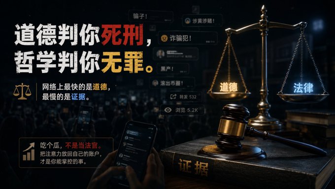 A Chinese graphic features a scale of justice and gavel over a book labeled '证据' (evidence), with text including '道德判你死刑, 哲学判你无罪' (Morality sentences you to death, philosophy acquits you).