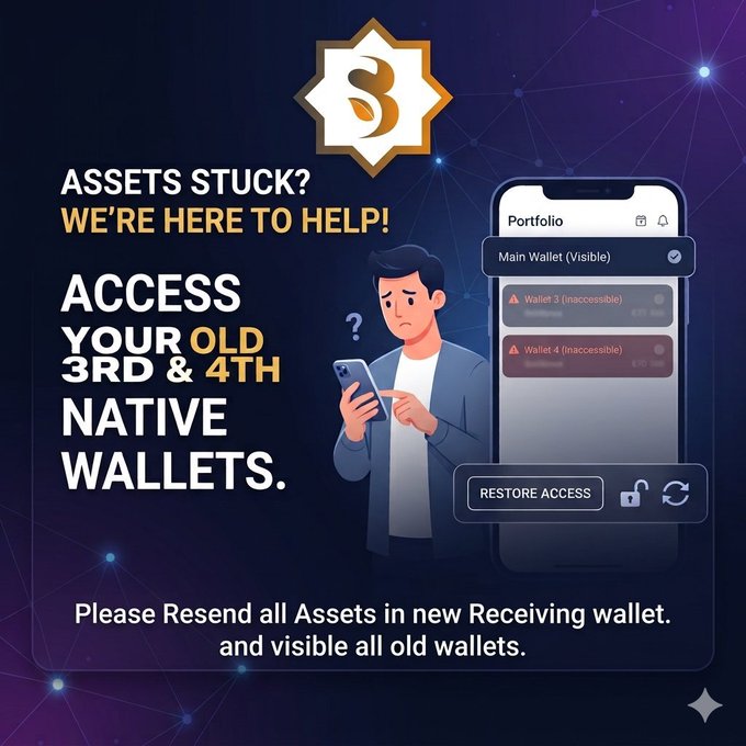 A promotional graphic with a dark purple background features a concerned-looking man holding a smartphone, alongside a stylized "Portfolio" app screen showing one accessible "Main Wallet" and two red-flagged inaccessible "Wallet 3" and "Wallet 4" entries with a "Restore Access" button below. Bold text reads "ASSETS STUCK? WE'RE HERE TO HELP!" and "ACCESS YOUR OLD 3RD & 4TH NATIVE WALLETS," with the Sidra Chain logo at the top and a bottom note: "Please Resend all Assets in new Receiving wallet. and visible all old wallets." The visual directly illustrates the post's concern, depicting the wallet inaccessibility issue and the request to restore visibility to older native wallets.