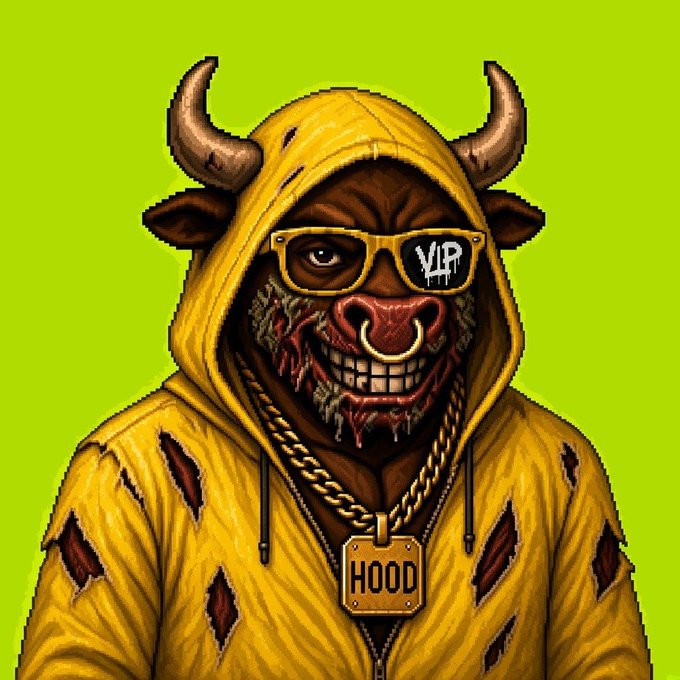 A cartoon illustration of a bull wearing a yellow hooded jacket, gold sunglasses with 'VIP' written on them, a nose ring, and a gold chain with a 'HOOD' pendant, set against a green background.