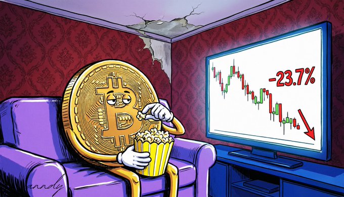 A cartoon Bitcoin character slumps in an armchair eating popcorn while watching a TV screen displaying a sharp downward candlestick chart marked "-23.7%", visually illustrating the post's concern about a potential 23.7% crypto market crash if the CLARITY Act fails to secure its 60-vote threshold.