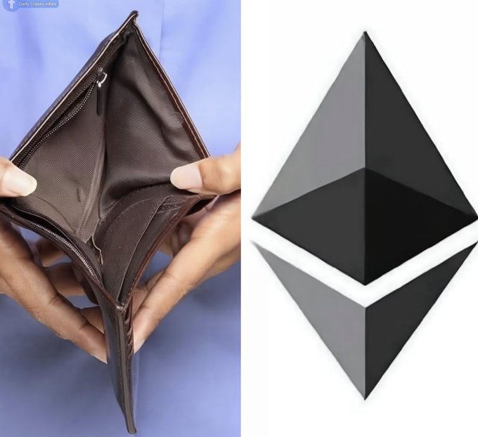 The image shows a close-up view of someone's hand holding an open wallet, with their fingers visible as they hold the wallet. The wallet appears to be empty or nearly empty, indicating that the person has spent most of their money on something else. In the background, there is a logo for Etherium, which is a cryptocurrency. This suggests that the image might be related to a discussion about digital currency and its impact on traditional financial systems.