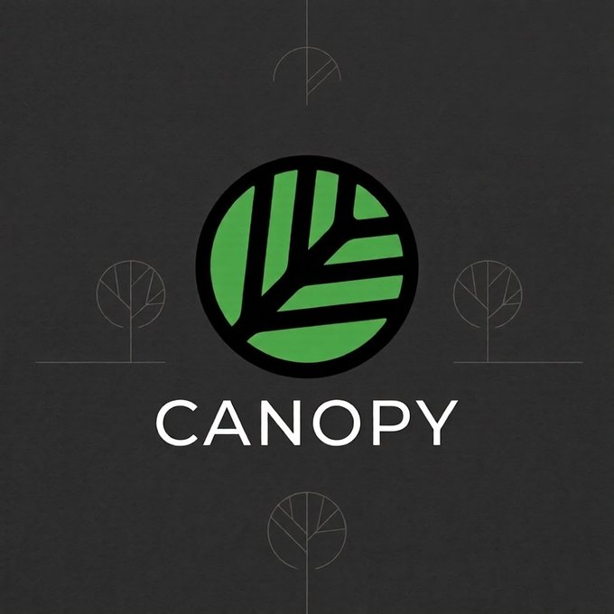 The image displays the "CANOPY" logo—a stylized green tree within a black circle—set against a dark background with subtle tree outlines, representing the Canopy Network (@CNPYNetwork) as introduced in the post about their cross-chain trading solution.