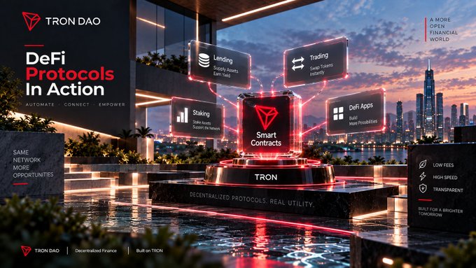 A promotional graphic for TRON DAO advertising 'DeFi Protocols In Action' with a futuristic cityscape background, highlighting features like Smart Contracts, Lending, Staking, Trading, and DeFi Apps.