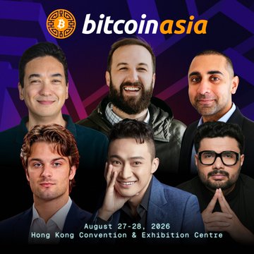 A promotional graphic for 'bitcoin asia' featuring six men's faces and the event details 'August 27-28, 2026' at the 'Hong Kong Convention & Exhibition Centre'.