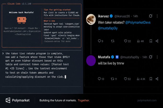 A screenshot of two posts on Twitter, one with a blue background showing information about the Takers tier rebates and another with a brown background containing information about polymarket development. The bottom part of this image also includes text that says "The Takers tier rebate program is going live today; next is @POLY staking to get even more discount."
