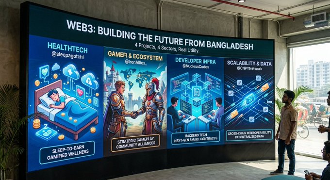 A large screen titled 'WEB3: BUILDING THE FUTURE FROM BANGLADESH' displays four sectors—Healthtech (@sleepagotchi), GameFi & Ecosystem, Developer Infra (@NucleusCodes), and Scalability & Data—promoting projects with various illustrations.