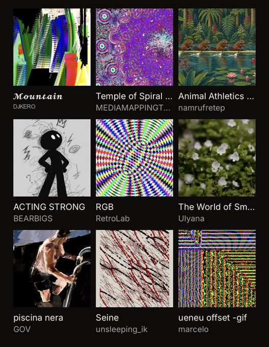 A digital gallery or NFT marketplace displaying nine artworks in a grid with titles including 'Mountain' by DJKERO, 'Temple of Spiral...' by MEDIAMAPPIGNT..., 'Animal Athletics...' by namrufetep, 'ACTING STRONG' by BEARBIGS, 'RGB' by RetroLab, 'The World of Sm...' by Ulyana, 'piscina nera' by GOV, 'Seine' by unsleeping_ik, and 'ueneu offset -gif' by marcelo.