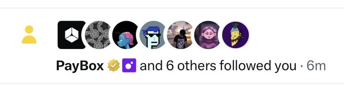 A social media notification shows that "PayBox" (with a verified checkmark) and 6 others followed you 6 minutes ago, displaying a row of profile pictures including a banana, a pink-haired anime-style character, and various other avatars. The "gib badge" caption likely refers to PayBox's verified status, which the user is humorously requesting or commenting on.