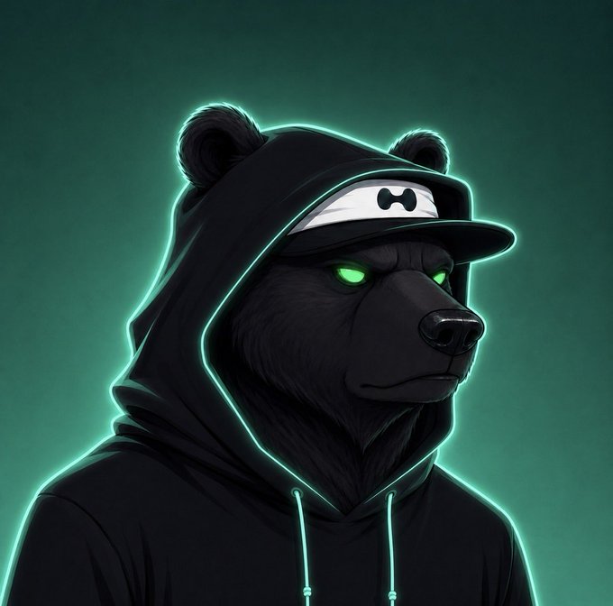 The image features a bear depicted wearing a hoodie, hat, and glasses with neon green eyes that stand out against the dark background. A caption above the image reads "The third Honorary Bear goes to @MBxxvv A respected Hyperliquid trader and one of the ecosystem's earliest believers. Your conviction has remained strong through every stage of the journey". The bear is positioned facing forward, looking at something in front of it.