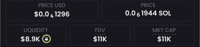 A dashboard showing token statistics with a price of $0.041296 USD (0.0619444 SOL), liquidity of $8.9K (locked), FDV of $11K, and market cap of $11K, illustrating the low-cap memecoin the post claims could see a 1673x rally.