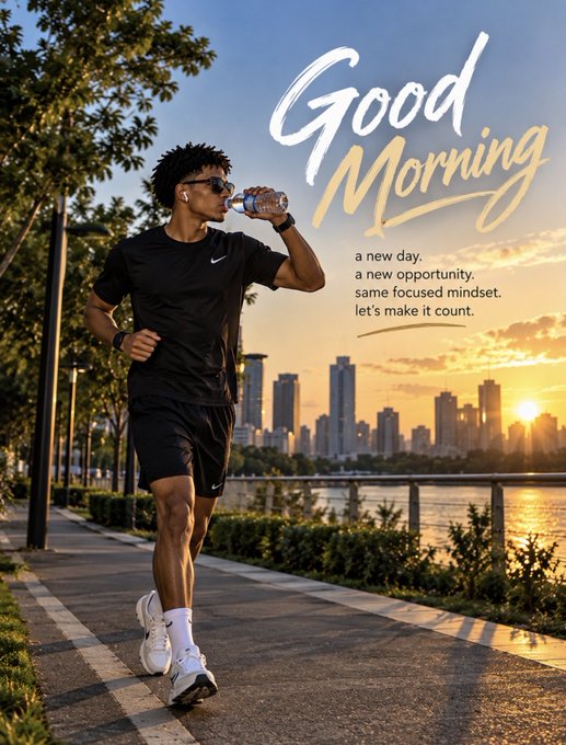 An inspirational graphic of a young man drinking water while running on a riverside path with a city skyline at sunset, overlaid with 'Good Morning' text and a motivational quote.