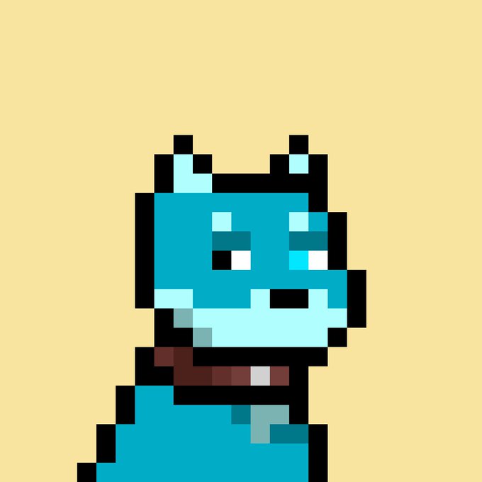 A pixel art illustration of a teal dinosaur with white belly markings against a beige background.