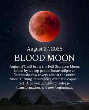 A dramatic image of a Blood Moon over pyramids displays the text "August 27, 2026 BLOOD MOON," with a caption explaining it marks the Full Sturgeon Moon paired with a deep partial lunar eclipse—a powerful symbol of transformation fitting the post's reference to the Sturgeon Moon and #XRP.